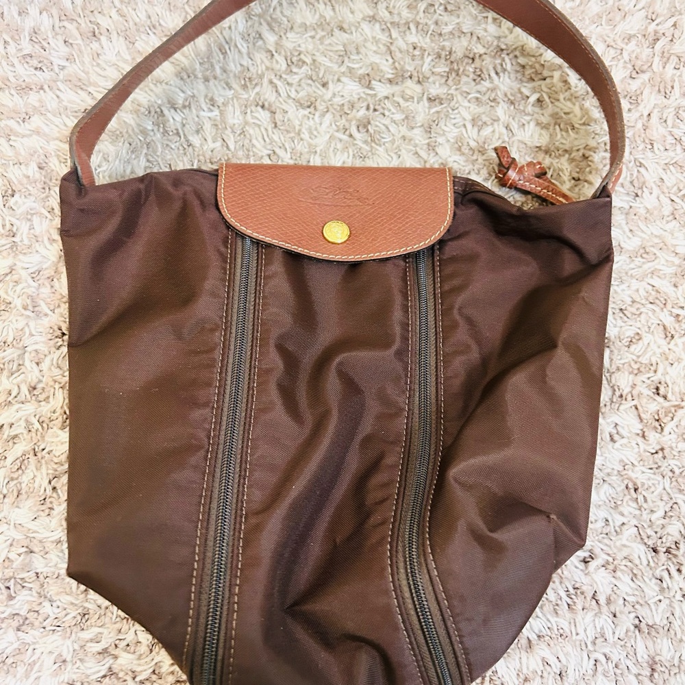 Longchamp Le Pliage handbag brown canvas dual handle snap flap closure purse